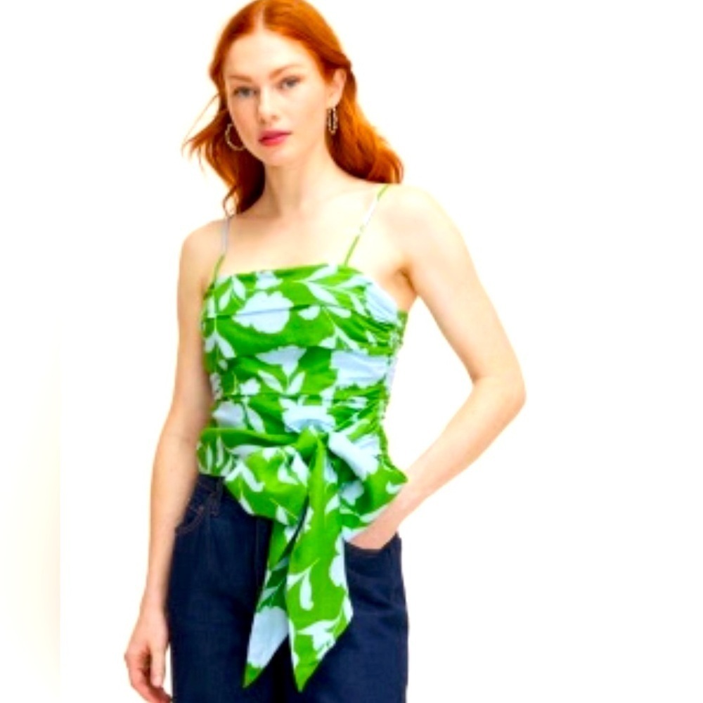 Kate Spade- Classic Rose Green Floral Ruched Linen Women's Tank Top. Size XL